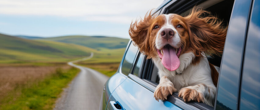 A joyful dog leans out of a car window, ears and fur blowing in the wind, savoring a scenic countryside drive filled with freedom and happiness.