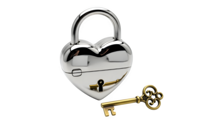 Heart shaped padlock with key isolated on transparent background