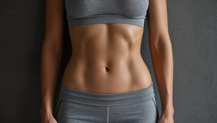 Close-up of a toned midsection in gray athletic wear against a textured background, highlighting strength, fitness, and dedication to health.