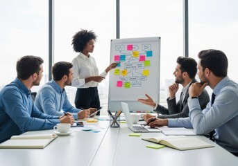 Fototapeta premium Business professional leads presentation explaining strategy using colorful notes on a whiteboard to seated colleagues