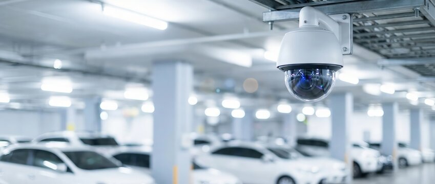 Modern White PTZ Security Camera Mounted in a Bright Indoor Parking Garage for 24/7 Surveillance, High-Tech CCTV Monitoring System for Public Safety and Property Protection in Underground Facility