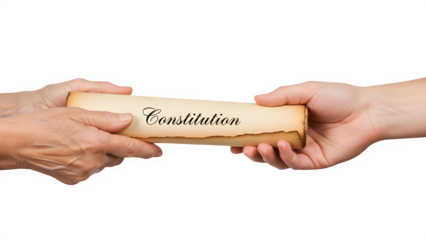 Two hands exchanging a rolled up constitution on isolated on transparent background