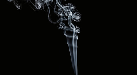 Wispy, ethereal cloud of vapor against a deep black background, ascending with elegant curves and delicate swirls. A sense of mystery and movement