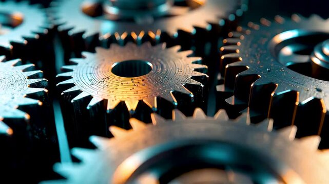 Interlocking metal gears cogs wheels meshing together shiny steel machinery industrial mechanism engineering precision close detail