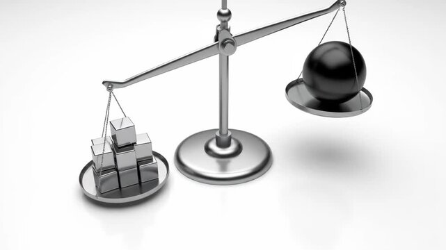 A classic silver balance scale demonstrates imbalance with a heavy black sphere outweighing multiple silver cubes.