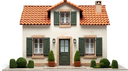 Charming miniature house with green shutters and terracotta roof tiles
