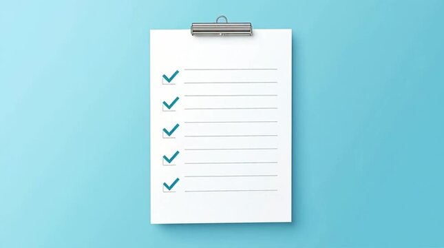 A clipboard displaying a completed checklist with blue checkmarks and a pen rests on a light blue background, symbolizing task completion.