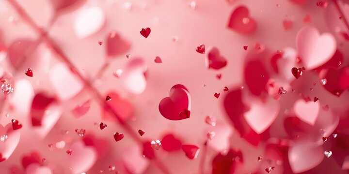 Dynamic 3D glossy hearts floating in air with soft bokeh blur and light sparkles in coral pink tones. Romantic Valentine's Day 2026 background ideal for love campaigns, greeting cards, and celebration
