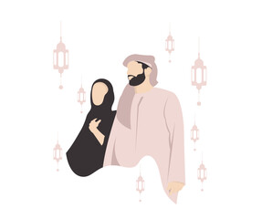 Illustration of Middle Eastern Couple with Lanterns
