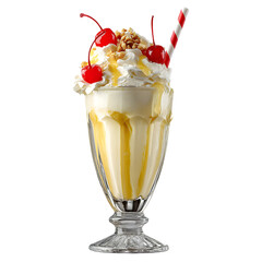 Delicious banana milkshake with whipped cream and cherries isolated on transparent background