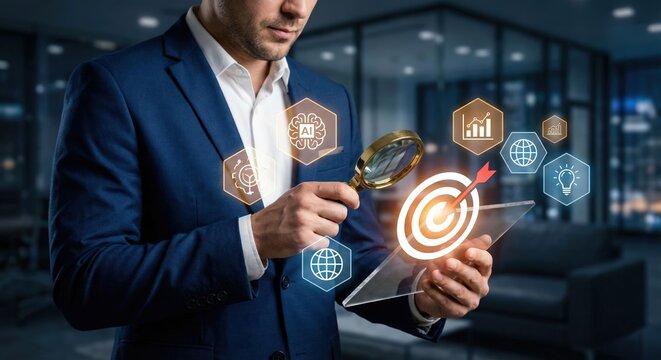 Professional Adult Businessman in Formal Suit Indoors Targeting Business Success and Innovation with AI Digital Strategy, Holding Magnifying Glass over Glowing Target Icon for Marketing Goals - Powered by Adobe