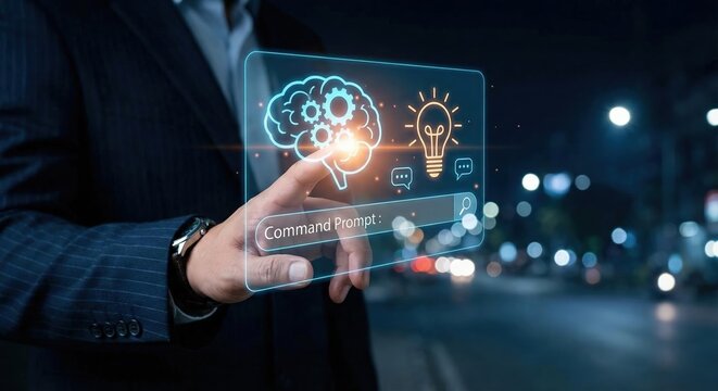 Businessman touching a glowing artificial intelligence brain interface and command prompt, symbolizing technology and digital innovation. - Powered by Adobe