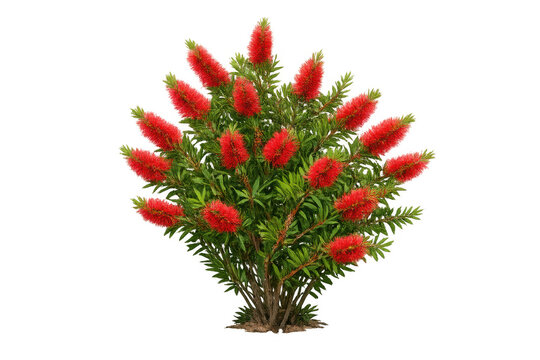 Bottlebrush plant with vibrant red flowers blooming on branches, an evergreen shrub cut out on transparent background