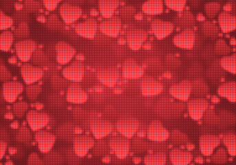 Abstract red background with numerous heart shaped dots creating a vibrant pattern perfect for Valentine's Day designs or romantic themed projects. Ideal for digital art and graphic design.