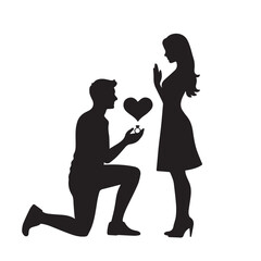 Marriage Proposal Silhouette Couple with Heart and Engagement Ring