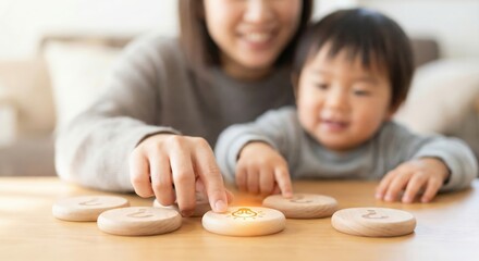 Positive Japanese mother and young boy child at home indoors pointing at wooden idea block with glowing light bulb icon for creativity and education concept.