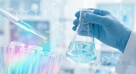 Professional white adult woman scientist holding erlenmeyer flask in clinical indoor laboratory conducting medical research for healthcare biotechnology with digital chemical structures
