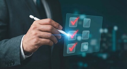 Successful adult man in professional business suit indoors using a digital pen to check boxes on a virtual interface for quality control and task management survey concept.