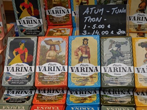 Varina canned tuna fish display in Lisbon shop