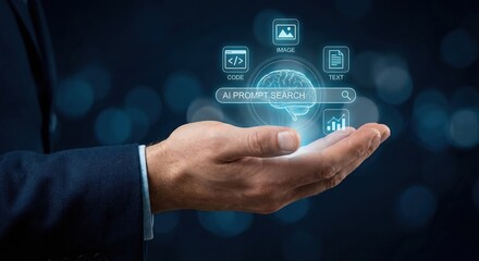 Professional adult man in a suit indoors holding a glowing blue artificial intelligence hologram with a digital prompt bar, representing future technology and innovation concept.