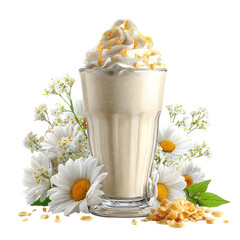 Creamy vanilla milkshake with whipped cream and white flowers isolated on transparent background