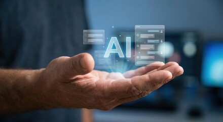 Asian Adult Man Holding Glowing AI Artificial Intelligence Hologram Interface Indoors, Concept of Machine Learning and Digital Future Technology for Business and Communication.