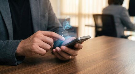 Close-up of a Man Holding a Smartphone and Interacting with a Holographic AI Cybersecurity Login Interface with a Digital Lock Icon, Indoors at a Wooden Desk