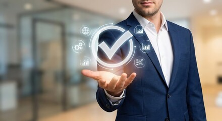 Professional adult white man businessman in a blue suit holding a glowing digital interface for quality assurance, corporate compliance, and business management in a modern office, concept.