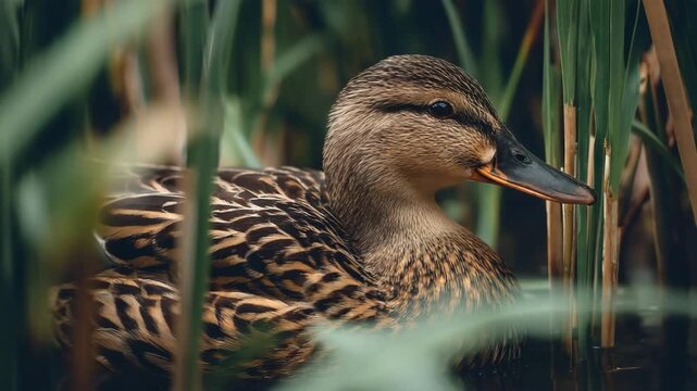 A duck is sitting in the water surrounded by tall green and brown reeds and grass