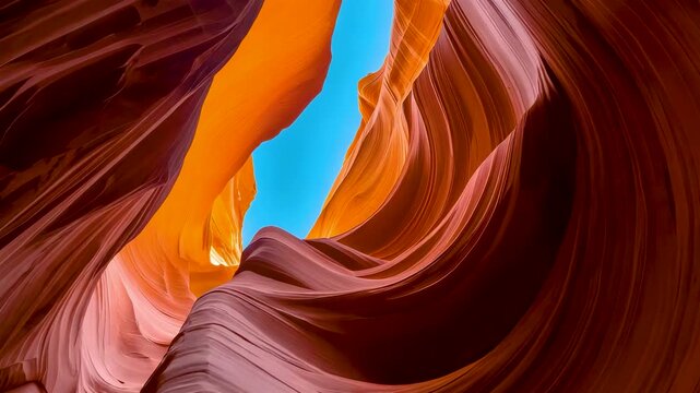 Antelope Canyon narrow sandstone walls glowing orange red hues sunlight beam striking through blue sky slot canyon natural wonder Arizona