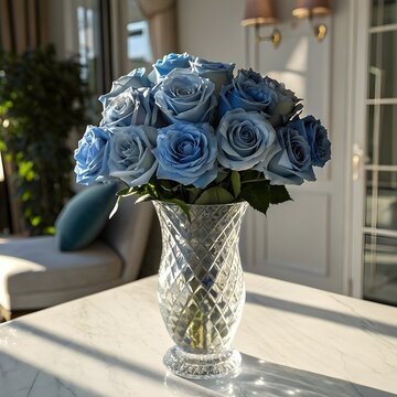 Photorealistic Blue Rose Bouquet in Crystal Vase with Sunlit Reflections