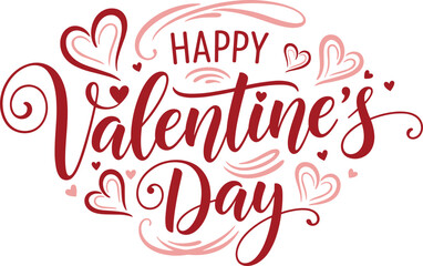 Fototapeta premium Happy Valentine’s Day hand lettering typography illustration, romantic calligraphy text with hearts, festive love greeting design, red pastel style