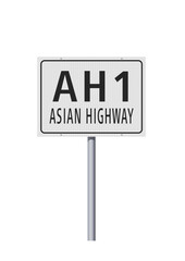 Vector illustration of the Asian Highway 1 (Japan to Turkey) white road sign on metallic pole