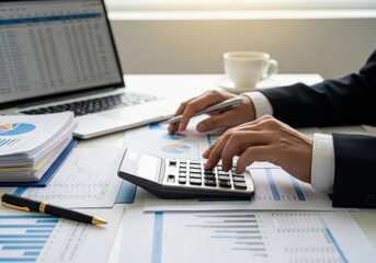 Business professional meticulously calculates figures using a desktop device amidst stacks of financial documents and a laptop