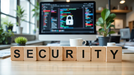 Security cybersecurity protection strategy for business data and network access, padlock symbol on code screen supporting privacy compliance, risk management and breach prevention communication