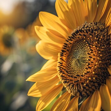 Macro Sunflower with Detailed Center Texture and Golden Sunlight