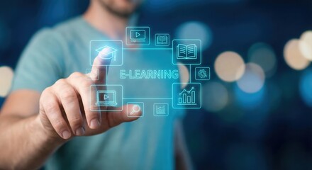 Adult Caucasian Man Using Digital E-learning Interface for Online Education and Career Training Indoors, Close-up of Hand Pointing at Virtual Icons for Knowledge and Study, Generative AI