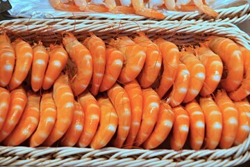 Boiled shrimp creating a texture in a market stall