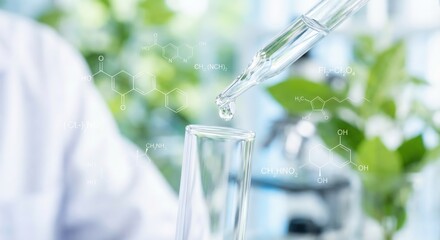 Close up of a pipette dropping liquid into a test tube in a laboratory with green leaves and molecular structures, symbolizing biotechnology and herbal medicine research.