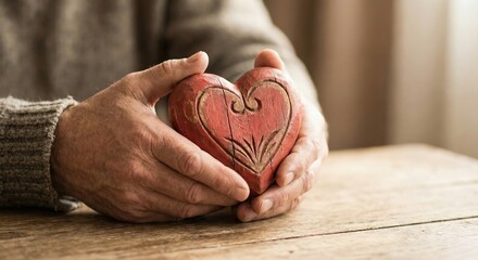Adult man holding a red wooden heart in his hands on a table indoors, symbol of love, care, and healthcare support, compassionate mood, close up shot with soft lighting