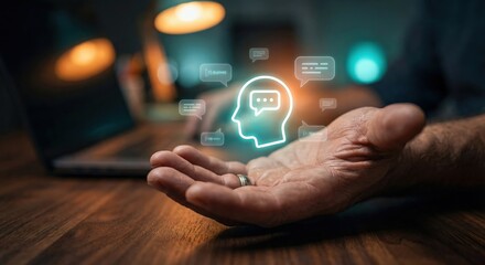 Close up of an adult man's hand holding a glowing digital chatbot icon indoors at a wooden desk with a laptop at night, showcasing artificial intelligence technology and customer support concept.