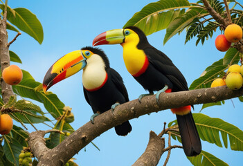 Obraz premium Two colorful toucans with large beaks sit on a fruit-bearing tree, blue sky background