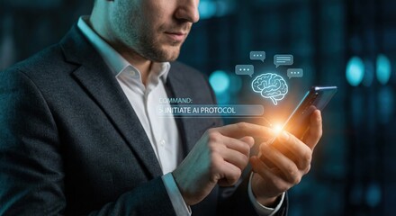 Professional adult man in a dark suit indoors using a smartphone to interact with an artificial intelligence command prompt interface, tech concept, focused mood.