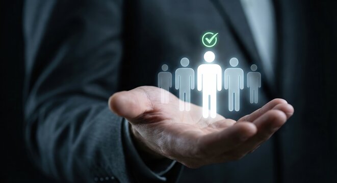 Professional adult man HR recruiter in a suit selecting the best candidate from a digital talent pool icons with a green checkmark, indoors office setting, recruitment and leadership concept.