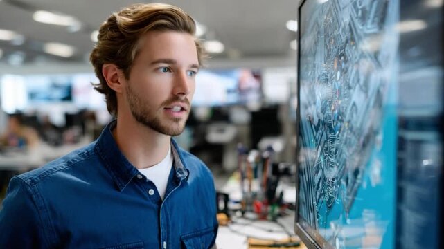 Intrigued Observer: A focused man is seen observing a detailed screen, perhaps a display or monitor, within a modern, dynamic setting.