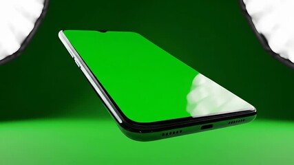 Modern smartphone with a vibrant green screen display for easy chroma key compositing resting on a reflective green surface with a creative torn paper background perfect for digital mockups and app p.