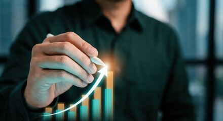 Professional Asian man adult analyst tracking financial growth on glowing digital data chart indoors at night with rising arrow concept for business success and investment