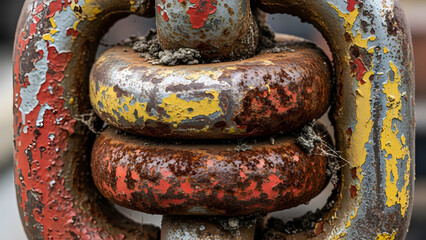Weathered industrial metal connector with chipped paint and extensive rust, showing heavy wear and tear.
