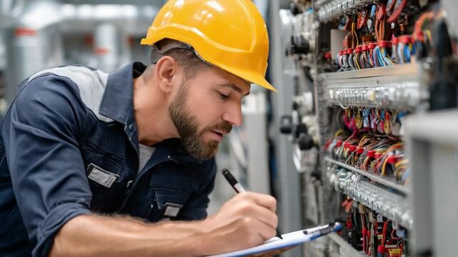Precision and Expertise: A skilled technician, clad in a hard hat, meticulously inspects and documents a complex electrical panel, symbolizing dedication to industry.