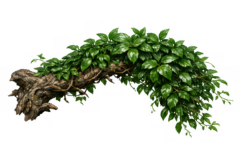 Weathered branch covered in lush green leaves and intertwining vines, providing natural foliage on a transparent background